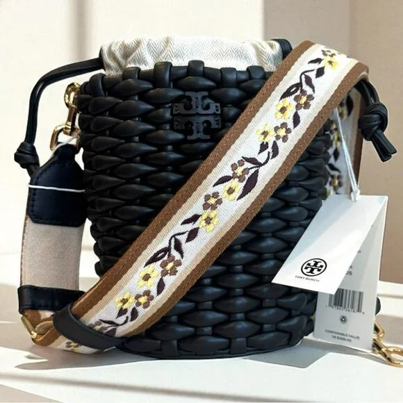 Tory Burch Emerson Woven Mini Bucket Bag Black With Gold Hardware - Picture 9 of 13